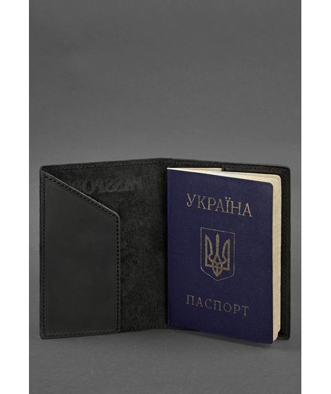 Leather passport cover with Ukrainian coat of arms, black