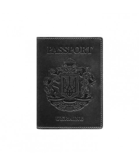 Leather passport cover with Ukrainian coat of arms, black