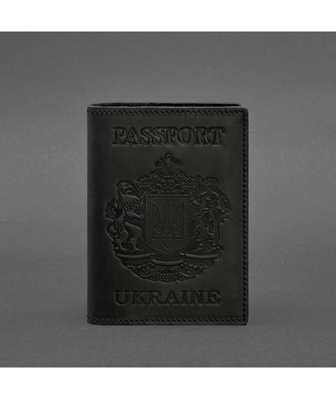 Leather passport cover with Ukrainian coat of arms, black