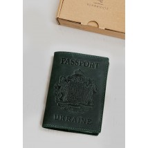 Шкіряна обкладинка для паспорта з українським гербом зелена