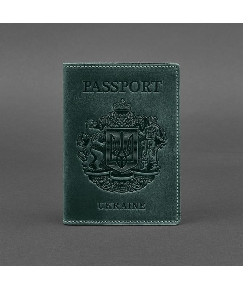 Шкіряна обкладинка для паспорта з українським гербом зелена