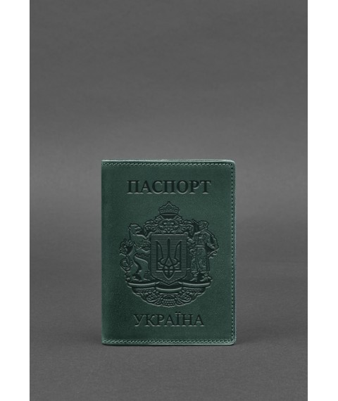 Шкіряна обкладинка для паспорта з українським гербом зелена