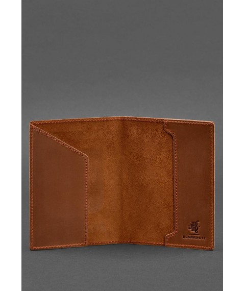 Leather passport cover with Ukrainian coat of arms, light brown