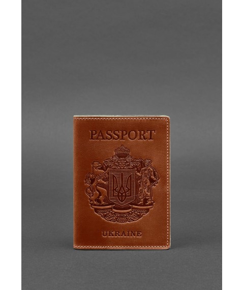 Leather passport cover with Ukrainian coat of arms, light brown