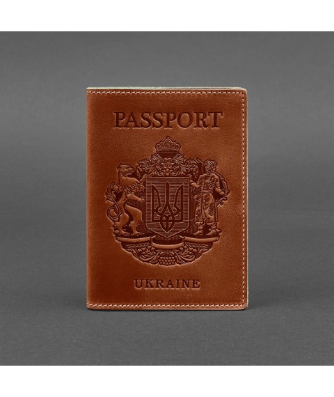 Leather passport cover with Ukrainian coat of arms, light brown