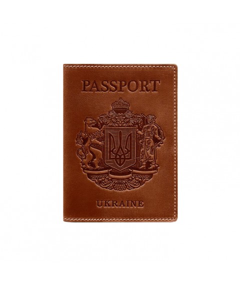 Leather passport cover with Ukrainian coat of arms, light brown