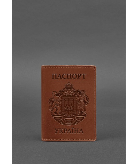 Leather passport cover with Ukrainian coat of arms, light brown
