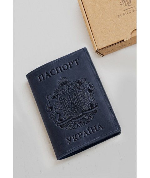 Leather passport cover with Ukrainian coat of arms, blue