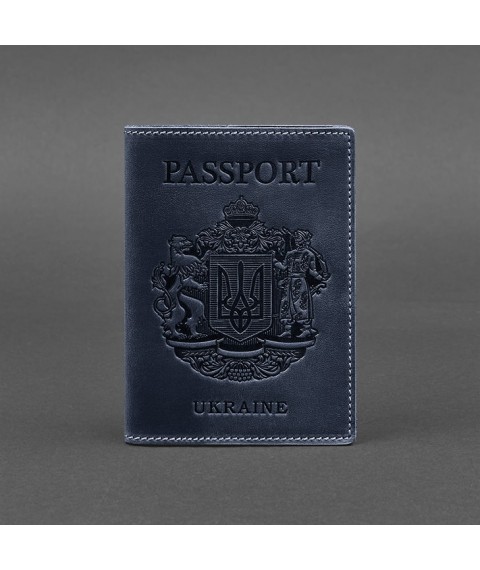 Leather passport cover with Ukrainian coat of arms, blue