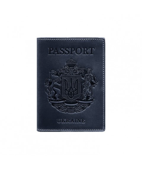 Leather passport cover with Ukrainian coat of arms, blue