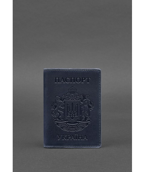Leather passport cover with Ukrainian coat of arms, blue
