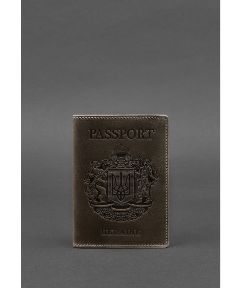 Шкіряна обкладинка для паспорта з українським гербом темно-коричнева
