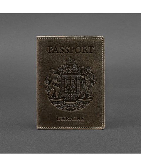 Leather passport cover with Ukrainian coat of arms, dark brown