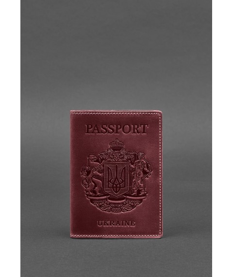 Leather passport cover with the Ukrainian coat of arms, burgundy