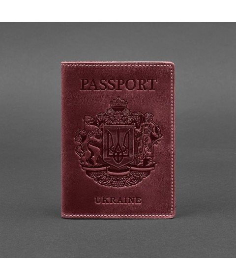 Leather passport cover with the Ukrainian coat of arms, burgundy