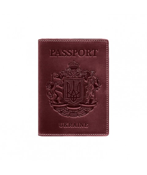 Leather passport cover with the Ukrainian coat of arms, burgundy