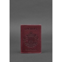 Leather passport cover with the Ukrainian coat of arms, burgundy