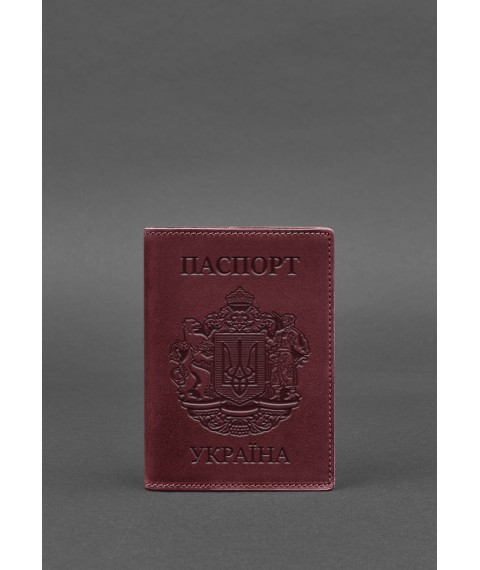 Leather passport cover with the Ukrainian coat of arms, burgundy