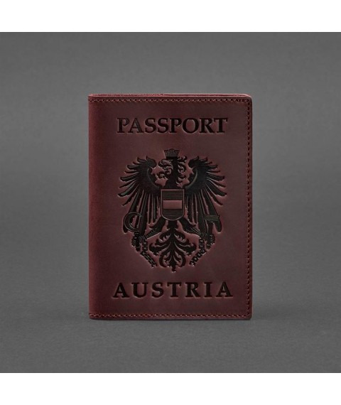Leather passport cover with the Austrian coat of arms burgundy Crazy Horse
