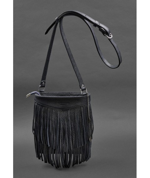 Шкіряна жіноча сумка з бахромою міні-кроссбоді Fleco темно-синя