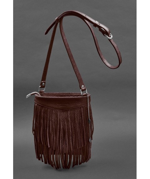 Leather women's bag with fringed mini crossbody Fleco burgundy