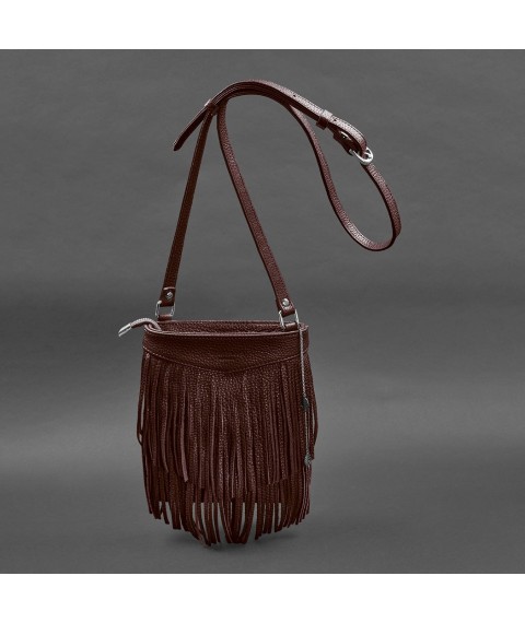 Leather women's bag with fringed mini crossbody Fleco burgundy