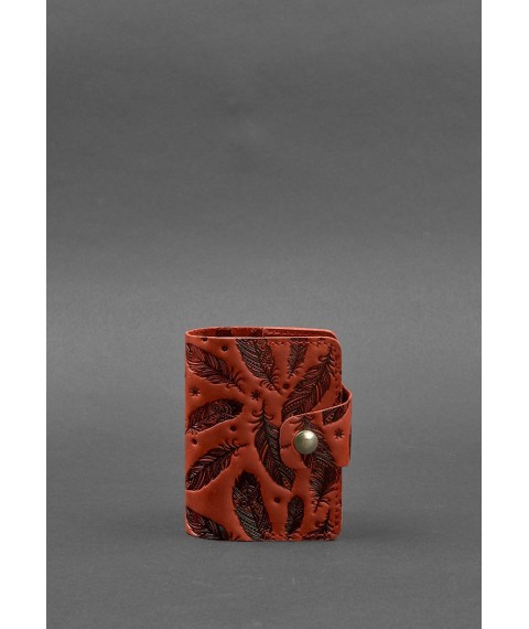 Leather card case 7.1 (Book) coral with feathers Crazy Horse