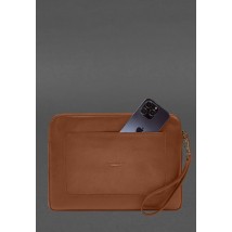 Zippered Leather Laptop Sleeve with Pocket and Hand Loop Light Brown