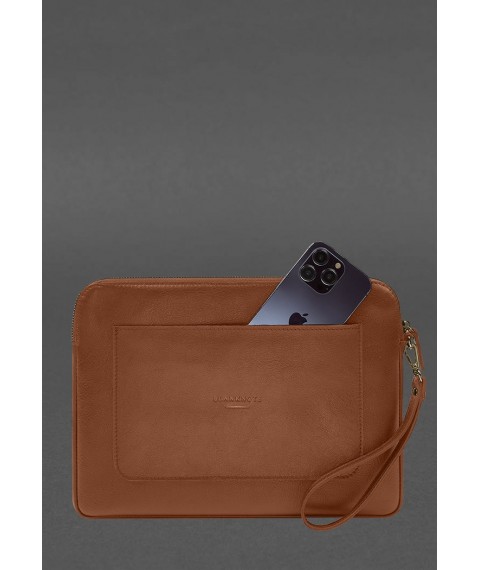 Zippered Leather Laptop Sleeve with Pocket and Hand Loop Light Brown