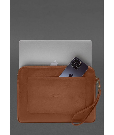 Zippered Leather Laptop Sleeve with Pocket and Hand Loop Light Brown