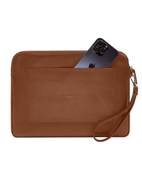 Zippered Leather Laptop Sleeve with Pocket and Hand Loop Light Brown
