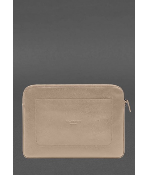 Leather laptop case with zipper and pocket and hand loop Light beige