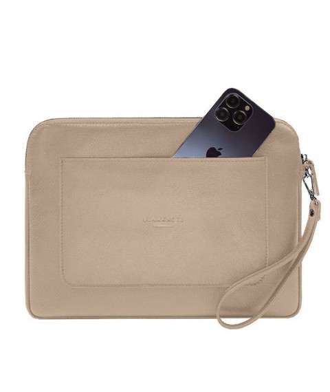 Leather laptop case with zipper and pocket and hand loop Light beige