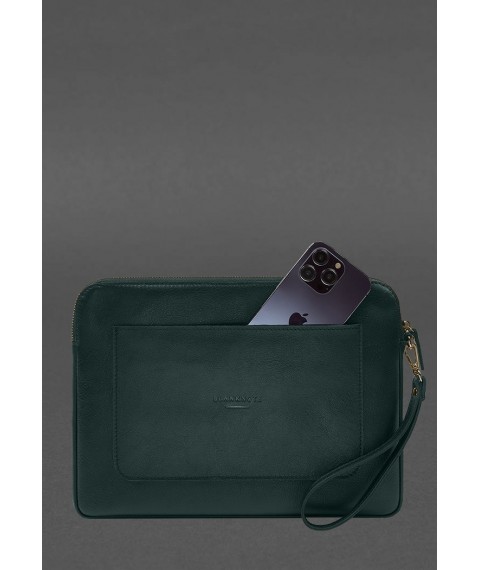 Leather laptop sleeve with zipper and pocket and hand loop Green