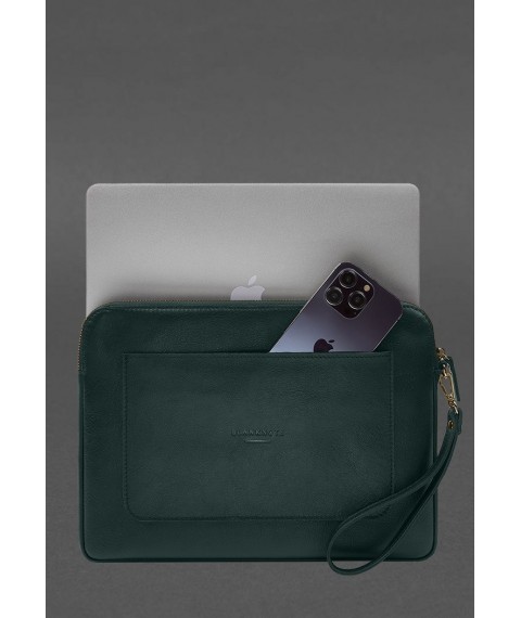 Leather laptop sleeve with zipper and pocket and hand loop Green