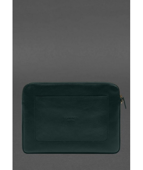 Leather laptop sleeve with zipper and pocket and hand loop Green