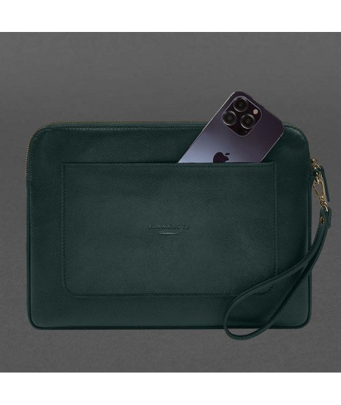 Leather laptop sleeve with zipper and pocket and hand loop Green