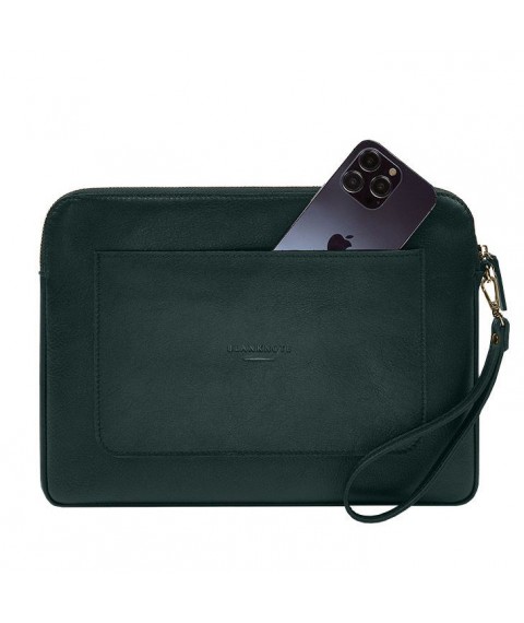 Leather laptop sleeve with zipper and pocket and hand loop Green