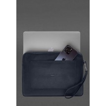 Leather laptop sleeve with zipper and pocket and hand loop Blue