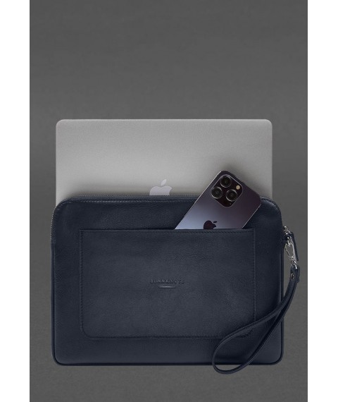 Кожаный чехол для ноутбука на молнии с карманом и петлей на руку Синий