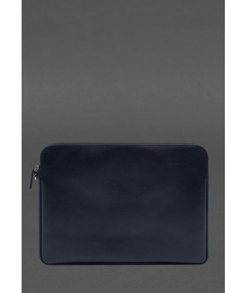 Leather laptop sleeve with zipper and pocket and hand loop Blue