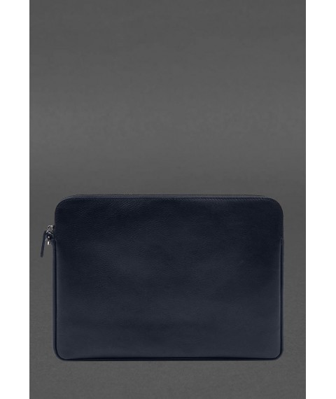 Leather laptop sleeve with zipper and pocket and hand loop Blue