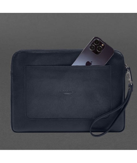 Leather laptop sleeve with zipper and pocket and hand loop Blue