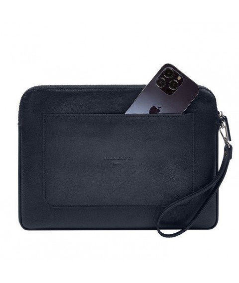 Leather laptop sleeve with zipper and pocket and hand loop Blue