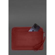 Leather laptop sleeve with zipper and pocket and hand loop Red