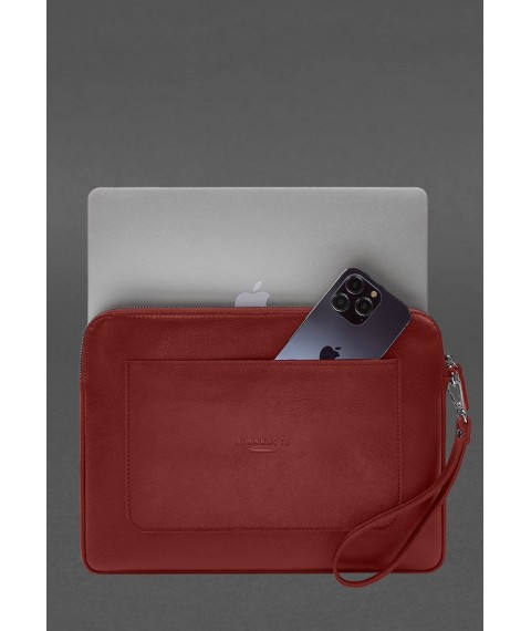 Leather laptop sleeve with zipper and pocket and hand loop Red