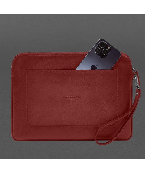 Leather laptop sleeve with zipper and pocket and hand loop Red