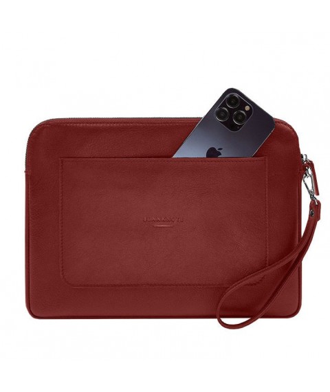 Leather laptop sleeve with zipper and pocket and hand loop Red