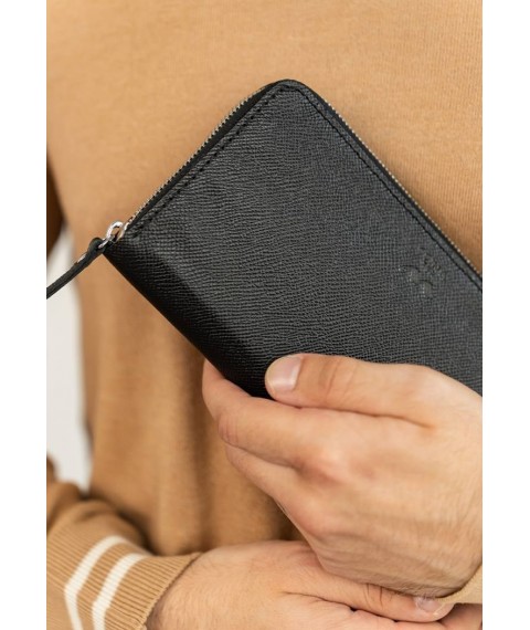 Leather wallet Keeper zip black Saffiano