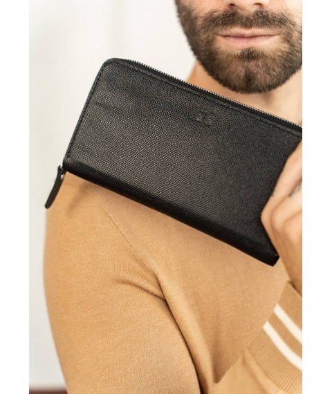 Leather wallet Keeper zip black Saffiano